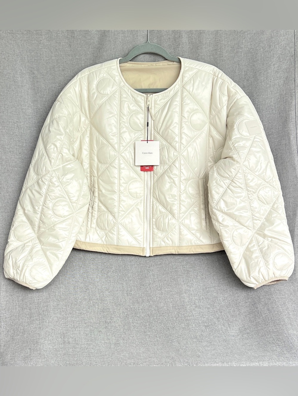 Calvin Klein Reversible Quilted Crew neck zip up Light jacket cream beige size L